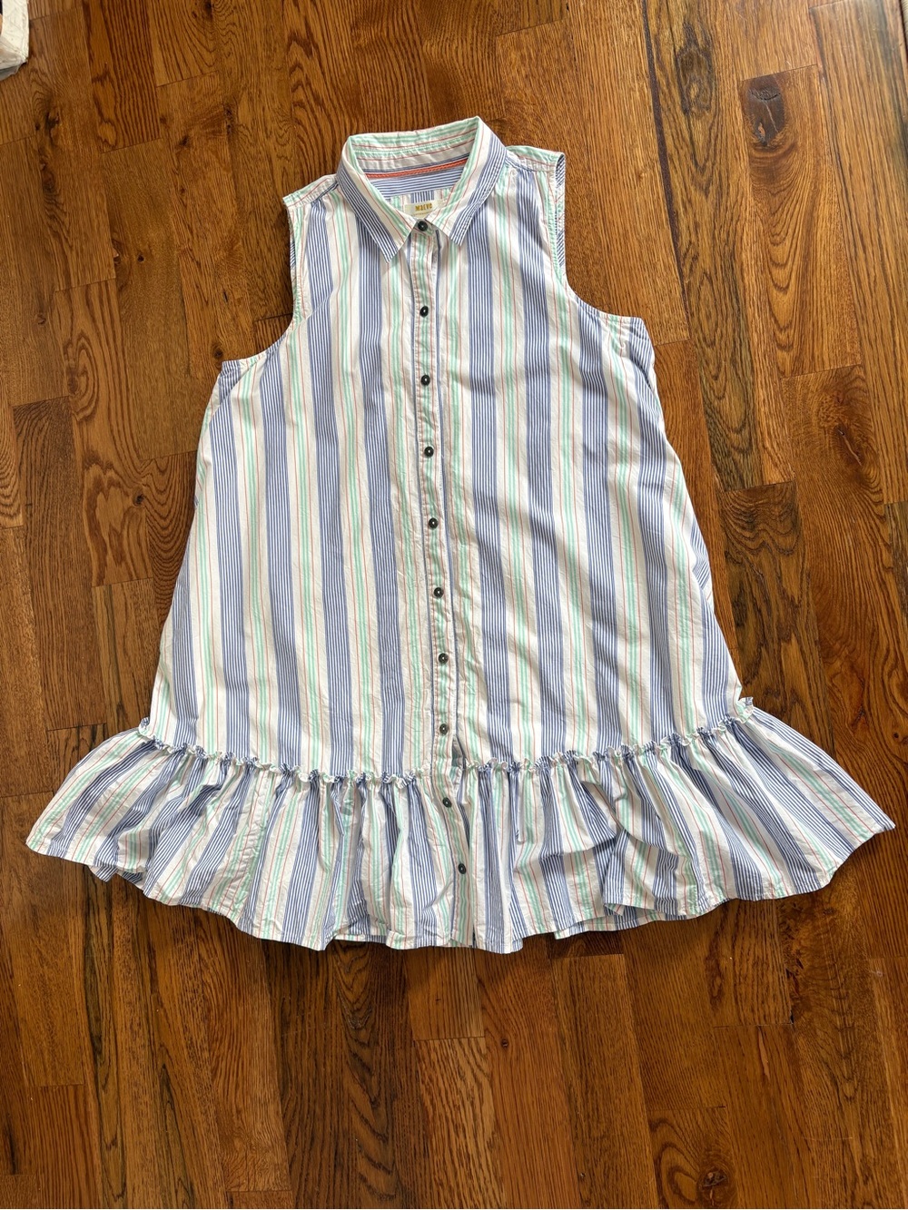 Anthropologie Maeve Striped Button Down Shirt Dress Sleeveless Pockets Ruffle M - Picture 3 of 11